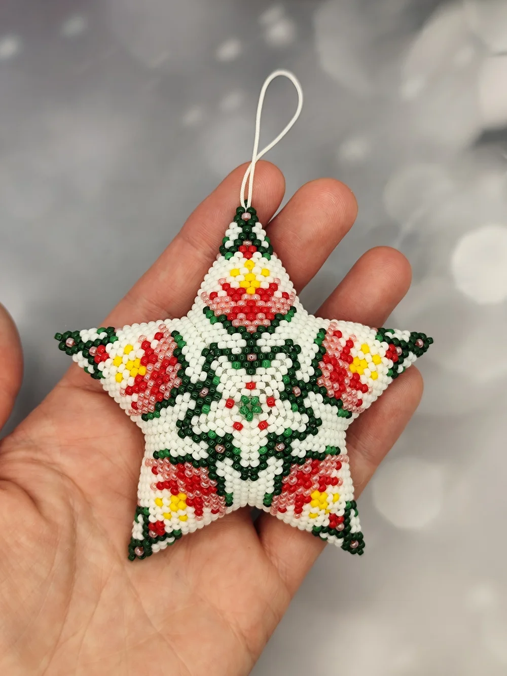 Handmade White Beaded Star Holiday Ornament with Red, Green & Yellow Accents